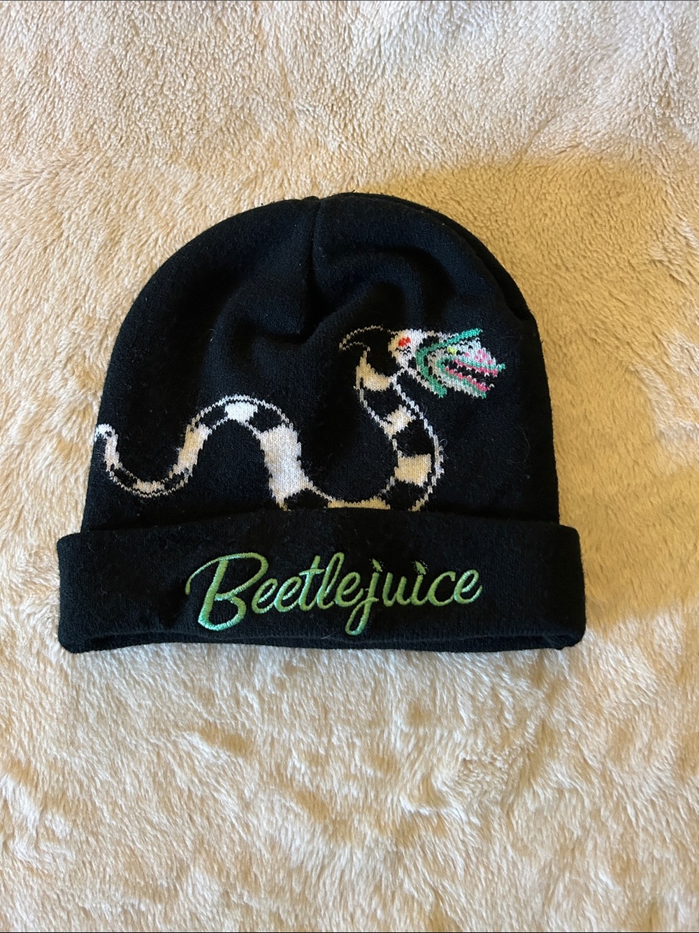 Hot Topic Black Knit Beanie with Green Beetlejuice Script and Snake Embroidery